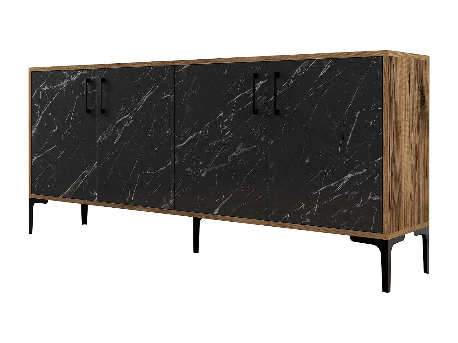 Buffet bas 4 portes Vranus 180cm Bois Naturel et Noir effet marbre et Métal Noir