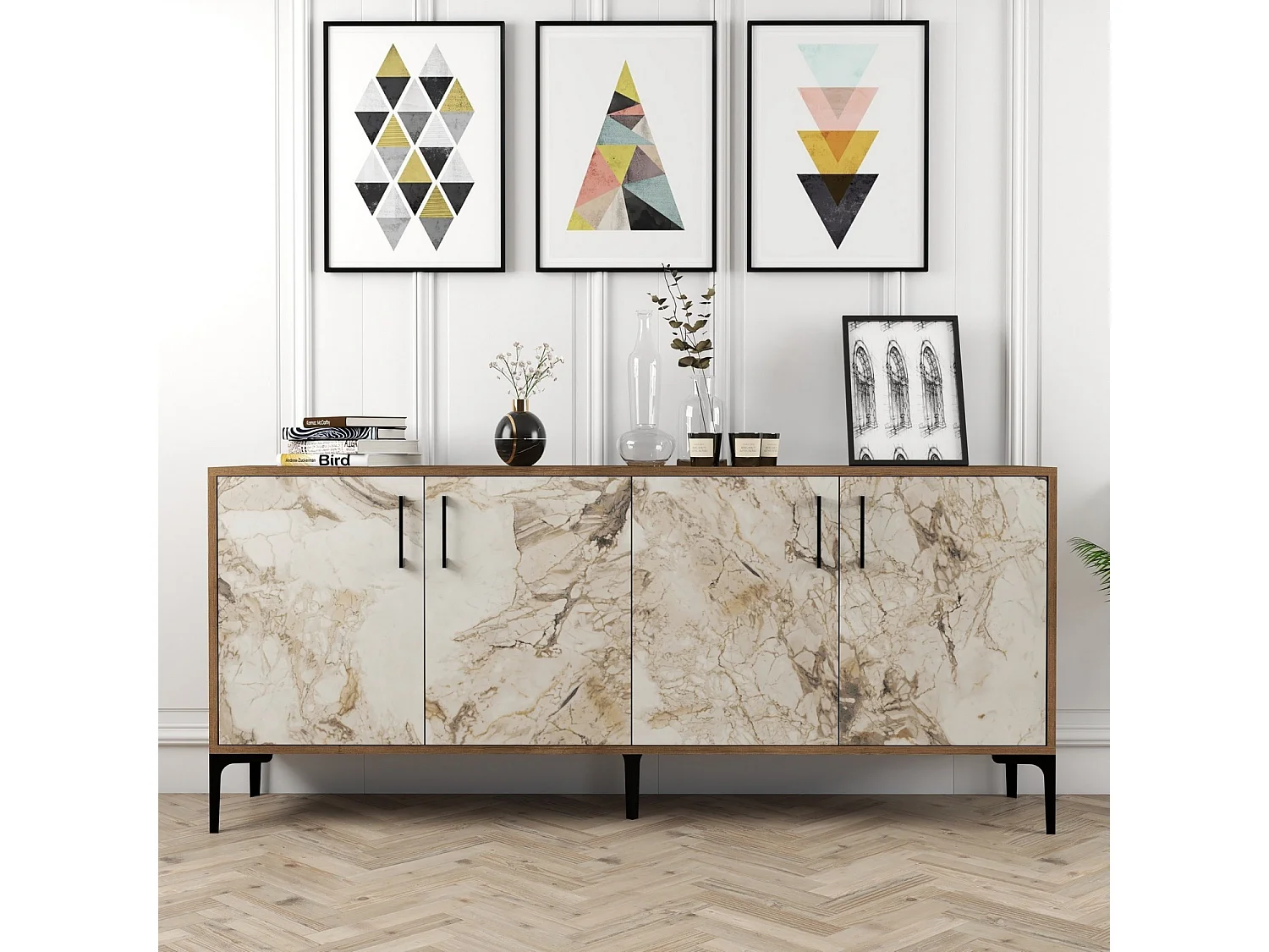 Buffet bas 4 portes Vranus 180cm Bois Naturel et Blanc effet marbre et Métal Noir