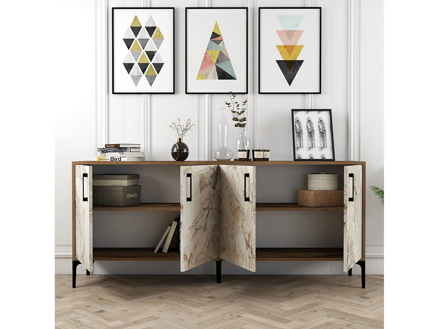 Buffet bas 4 portes Vranus 180cm Bois Naturel et Blanc effet marbre et Métal Noir