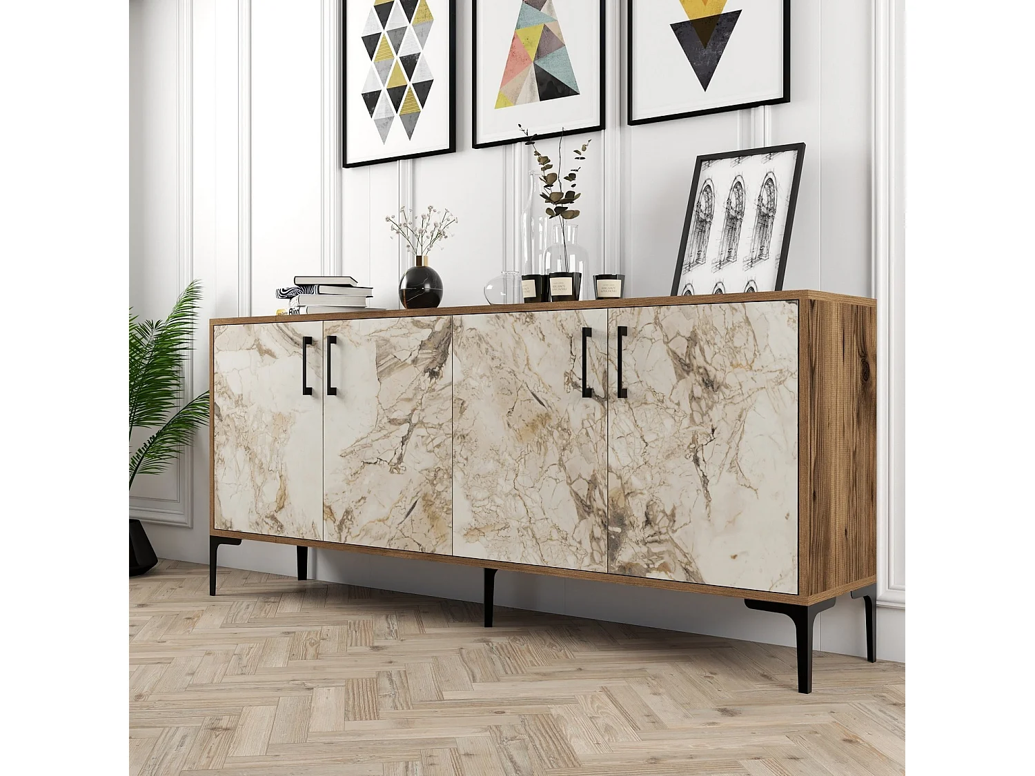 Buffet bas 4 portes Vranus 180cm Bois Naturel et Blanc effet marbre et Métal Noir