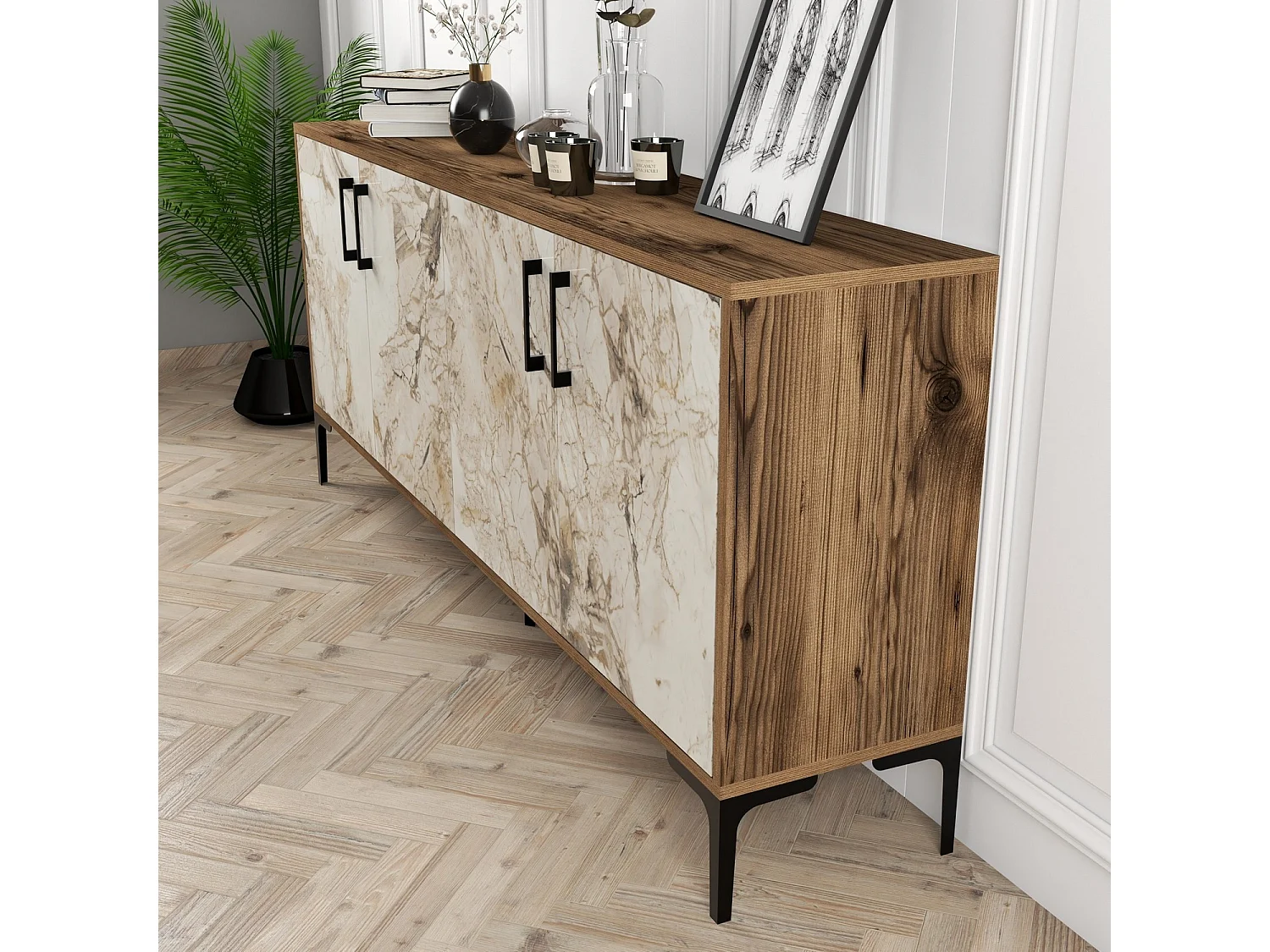 Buffet bas 4 portes Vranus 180cm Bois Naturel et Blanc effet marbre et Métal Noir
