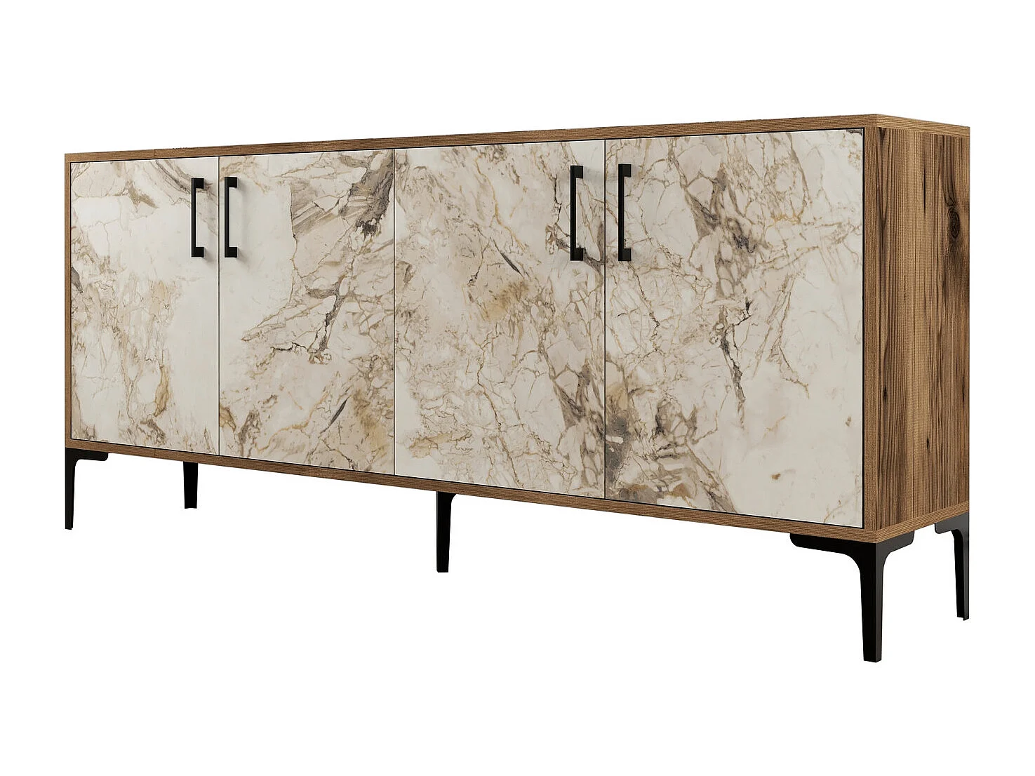 Buffet bas 4 portes Vranus 180cm Bois Naturel et Blanc effet marbre et Métal Noir