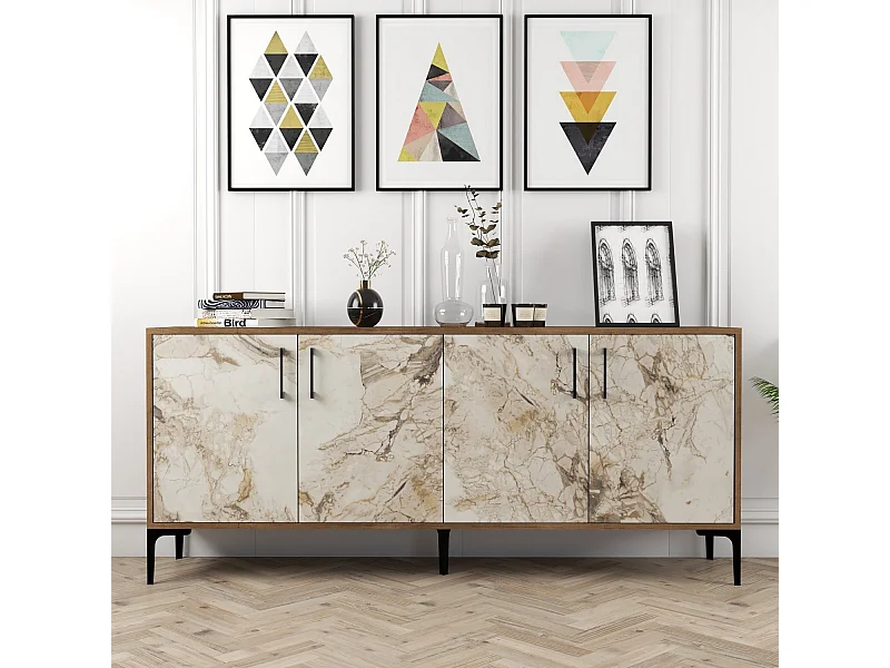 Buffet bas 4 portes Vranus 180cm Bois Naturel et Blanc effet marbre et Métal Noir