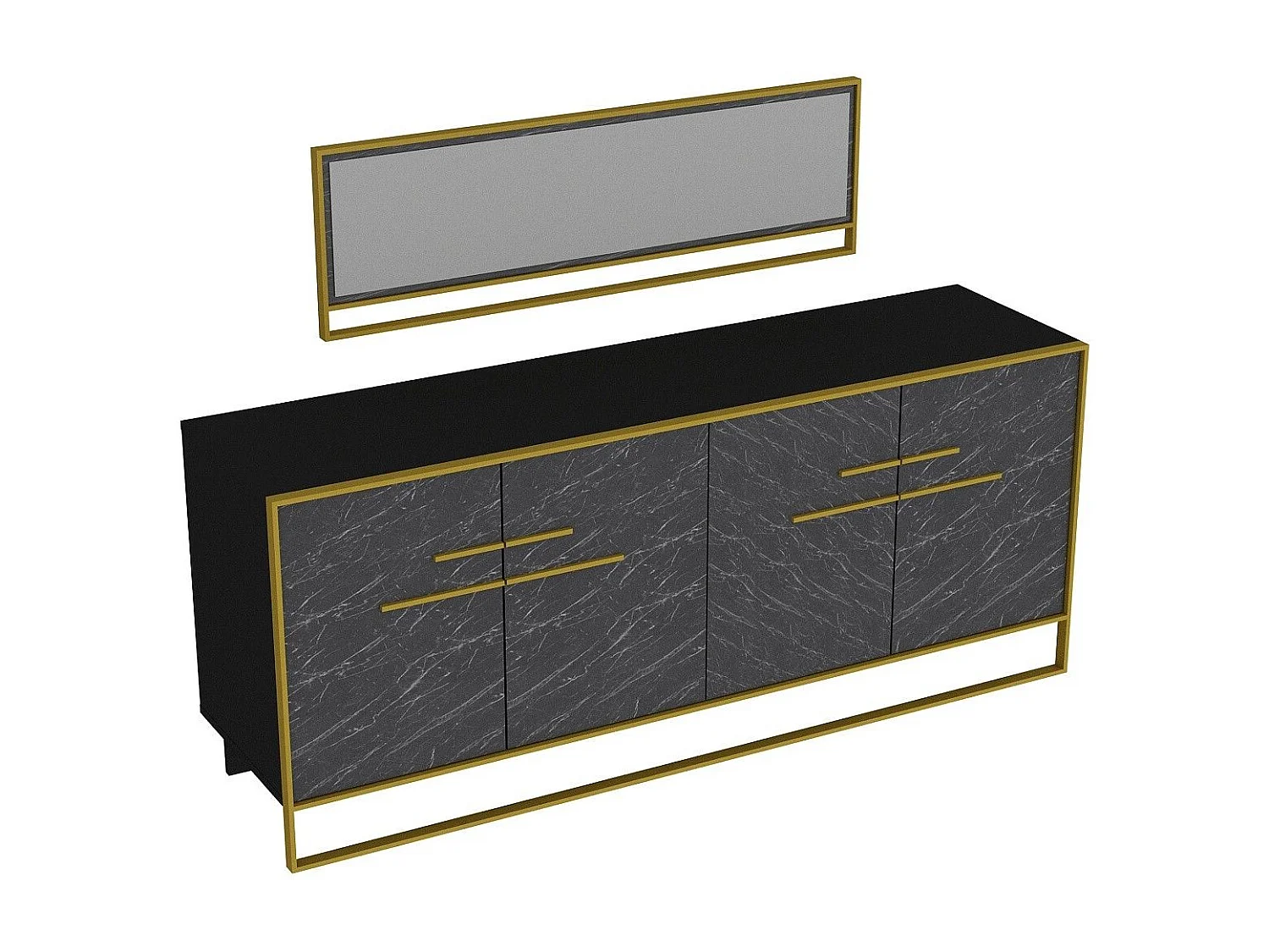 Aparador moderno con espejo, dorado y negro, 179,9 x 75 x 47,3 cm | 100 % melamina, 18 mm de grosor, para montar en la pared, diseño de mármol glamuro