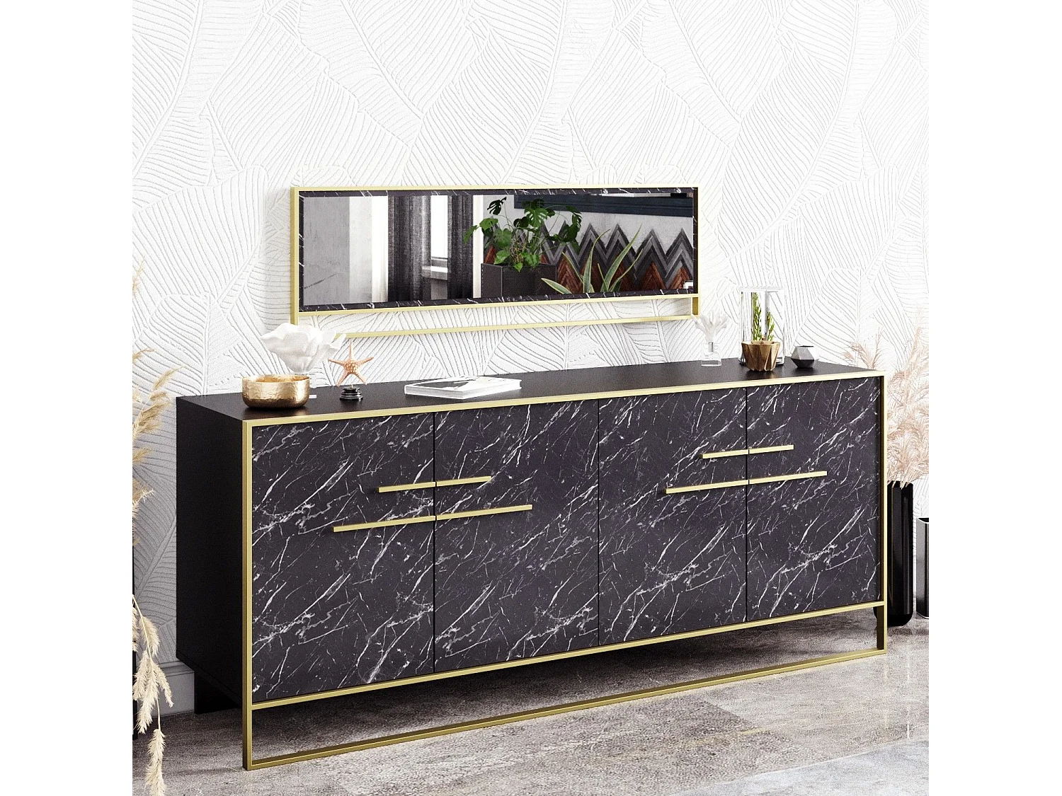 Aparador moderno con espejo, dorado y negro, 179,9 x 75 x 47,3 cm | 100 % melamina, 18 mm de grosor, para montar en la pared, diseño de mármol glamuro