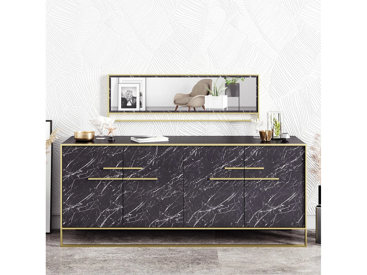 Aparador moderno con espejo, dorado y negro, 179,9 x 75 x 47,3 cm | 100 % melamina, 18 mm de grosor, para montar en la pared, diseño de mármol glamuro