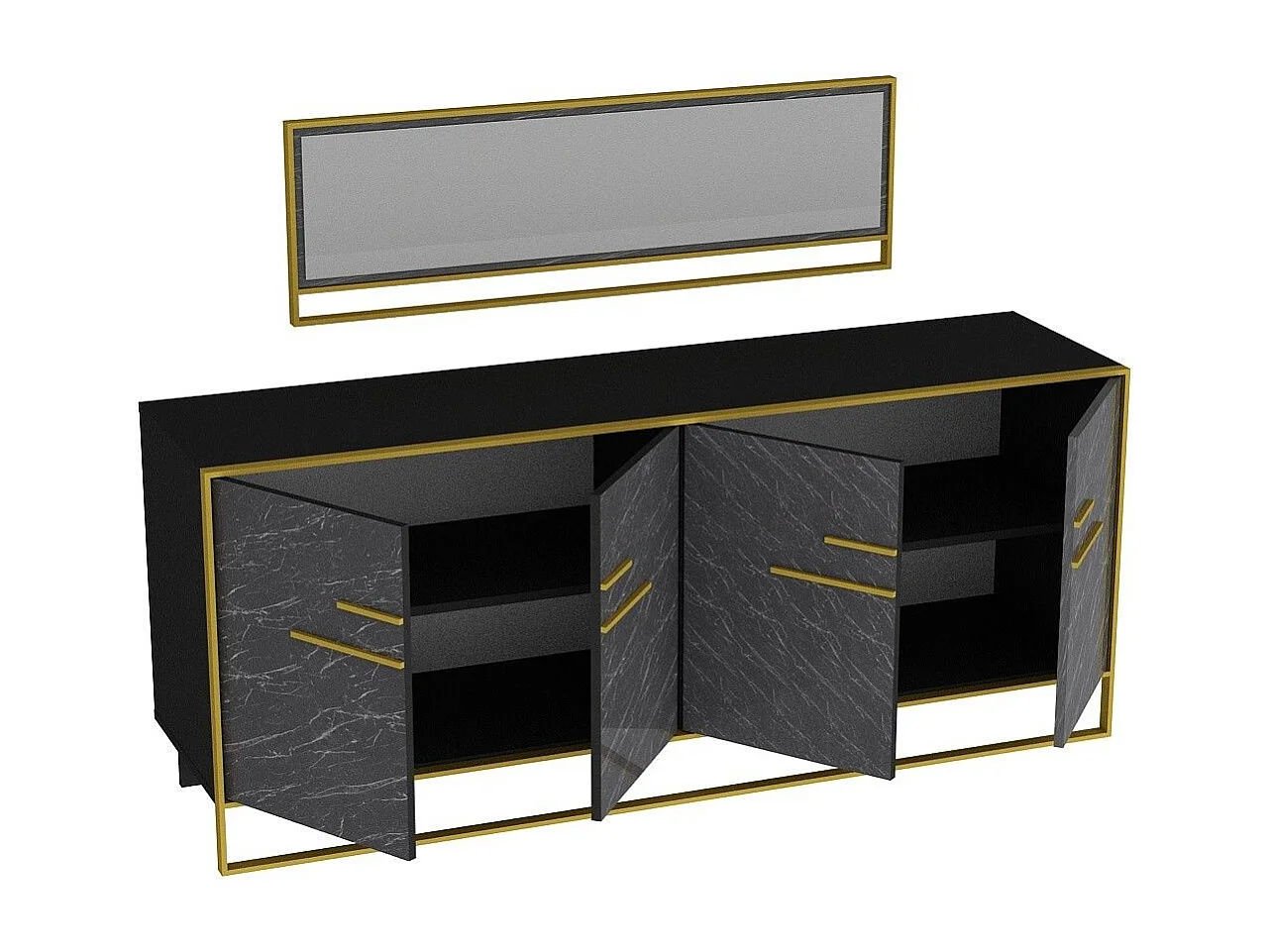 Aparador moderno con espejo, dorado y negro, 179,9 x 75 x 47,3 cm | 100 % melamina, 18 mm de grosor, para montar en la pared, diseño de mármol glamuro