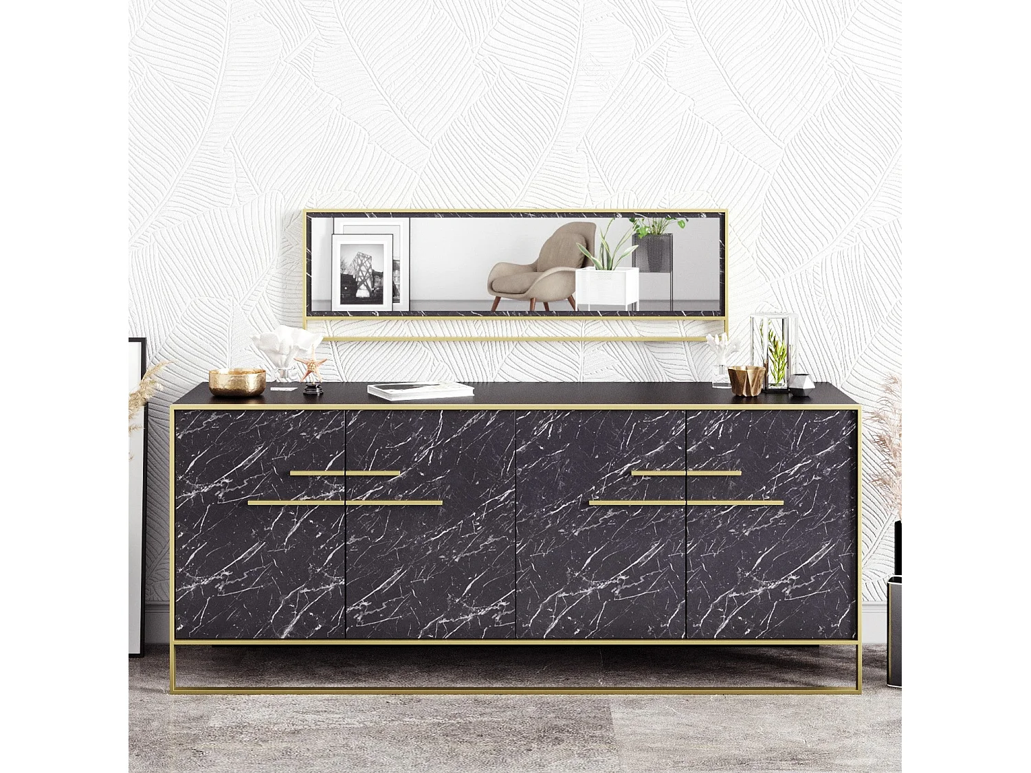 Aparador moderno con espejo, dorado y negro, 179,9 x 75 x 47,3 cm | 100 % melamina, 18 mm de grosor, para montar en la pared, diseño de mármol glamuro