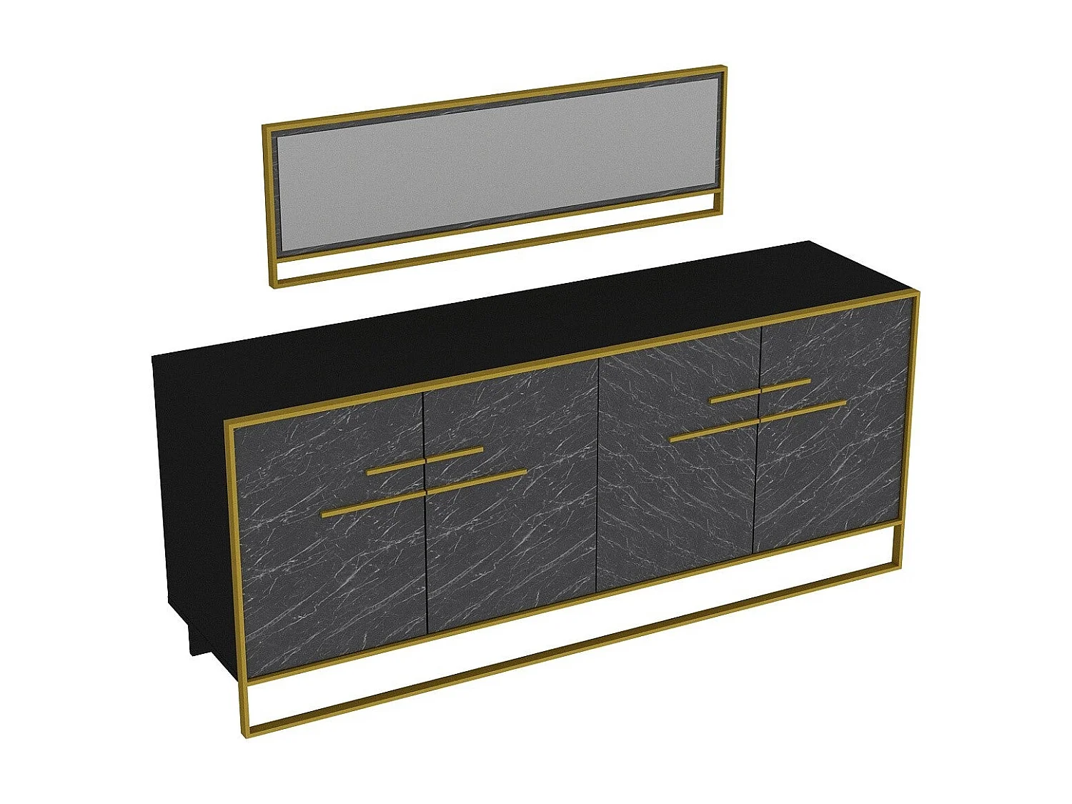 Aparador moderno con espejo, dorado y negro, 179,9 x 75 x 47,3 cm | 100 % melamina, 18 mm de grosor, para montar en la pared, diseño de mármol glamuro
