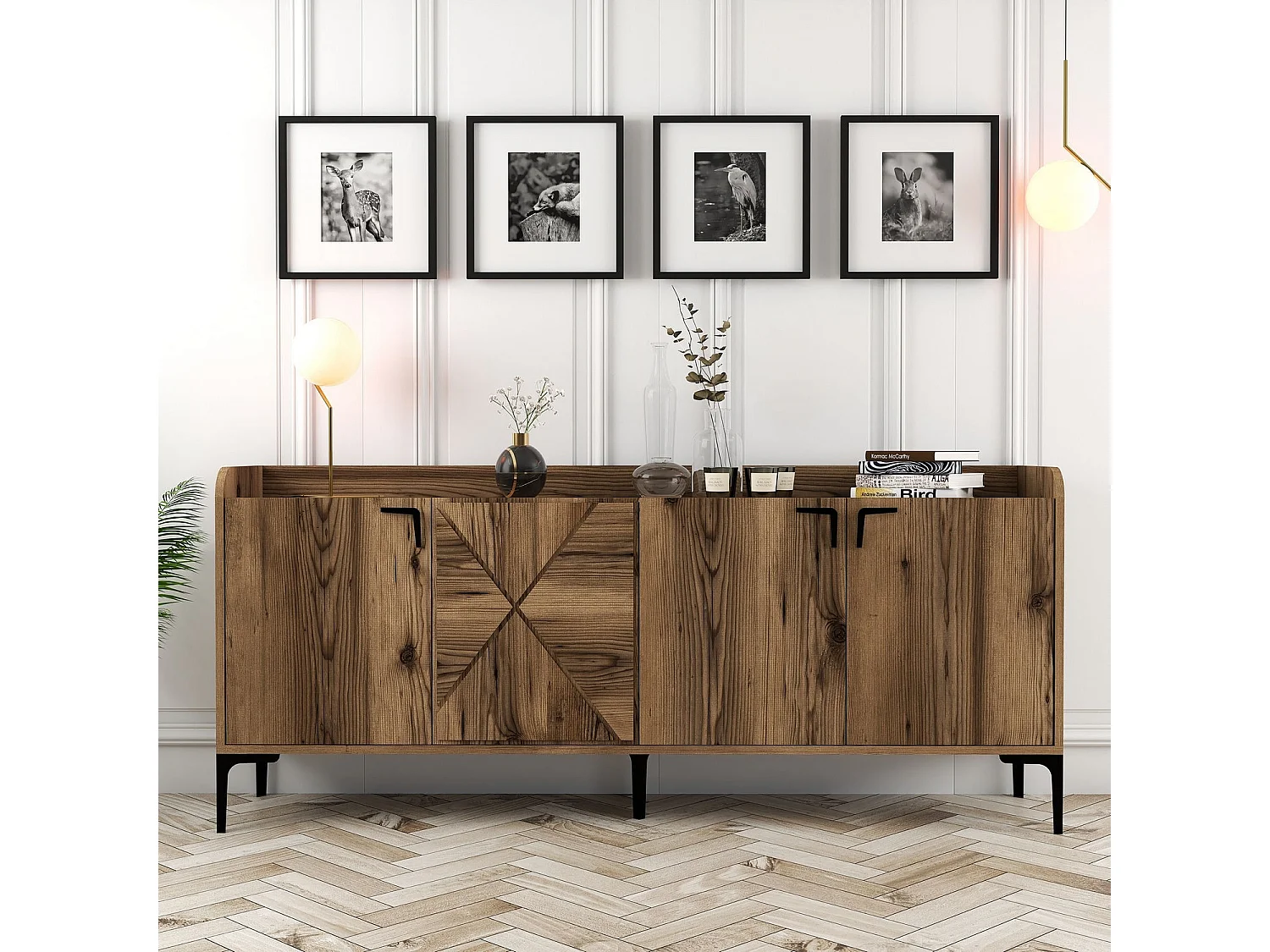 Buffet bas 4 portes Zenger 180cm Bois Naturel et Métal Noir