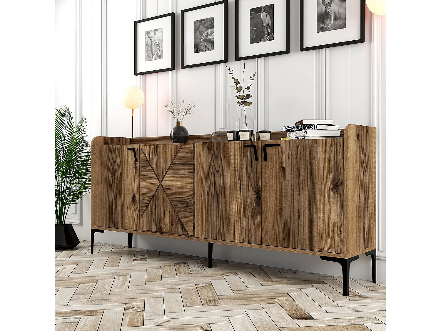 Buffet bas 4 portes Zenger 180cm Bois Naturel et Métal Noir
