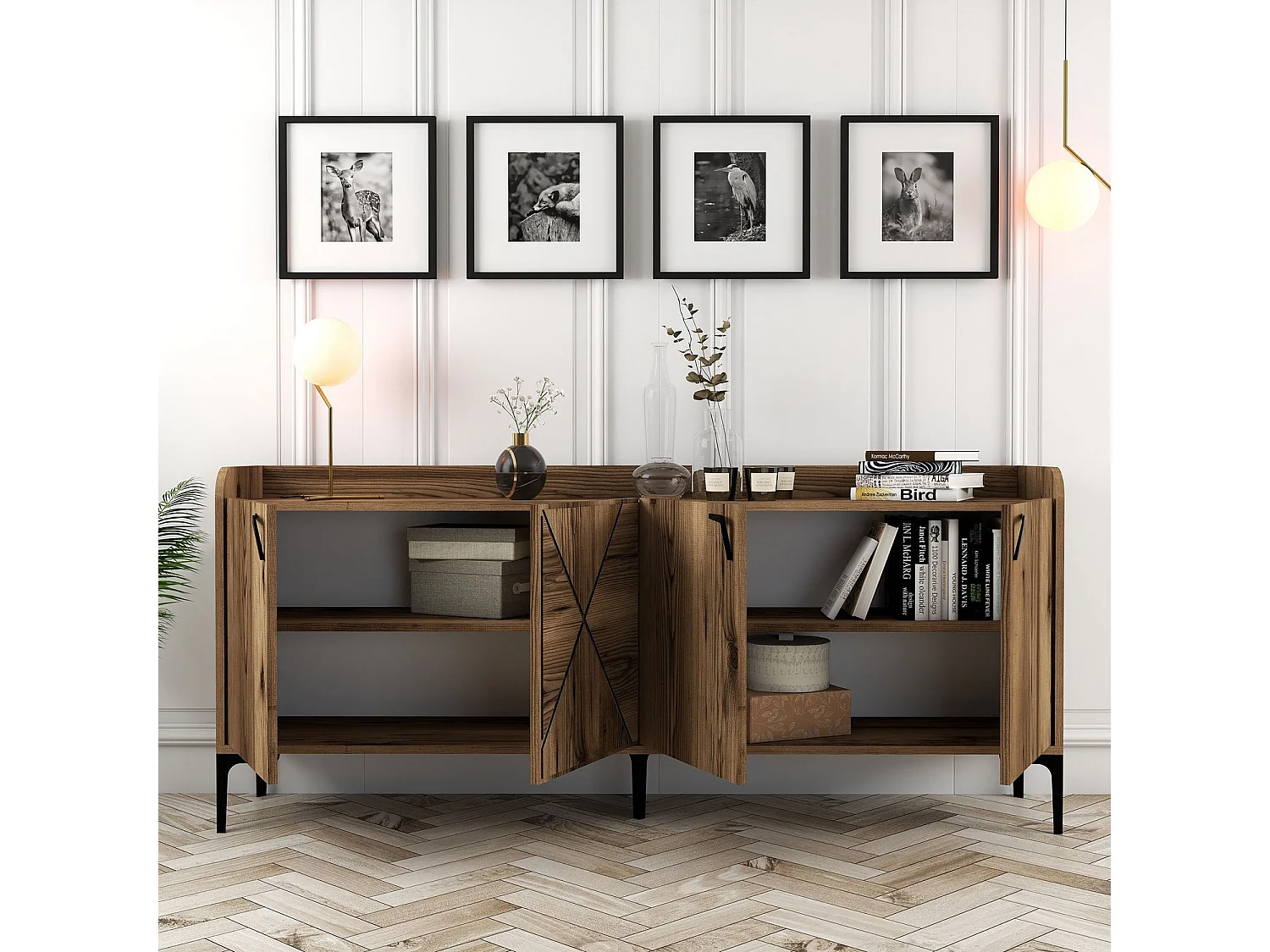 Buffet bas 4 portes Zenger 180cm Bois Naturel et Métal Noir
