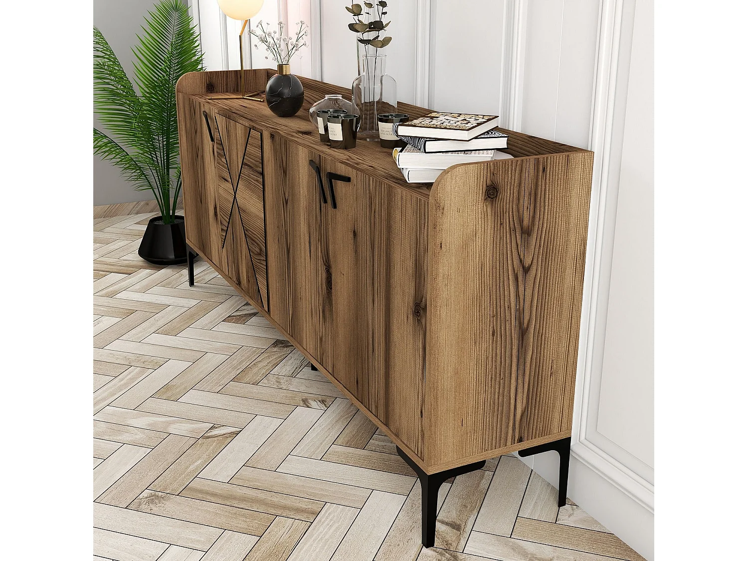 Buffet bas 4 portes Zenger 180cm Bois Naturel et Métal Noir