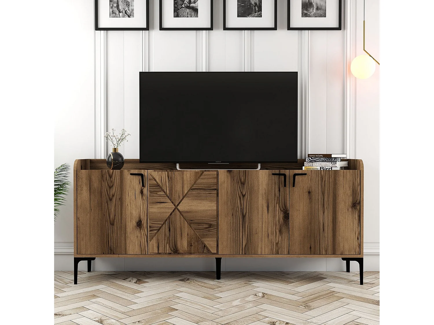 Buffet bas 4 portes Zenger 180cm Bois Naturel et Métal Noir