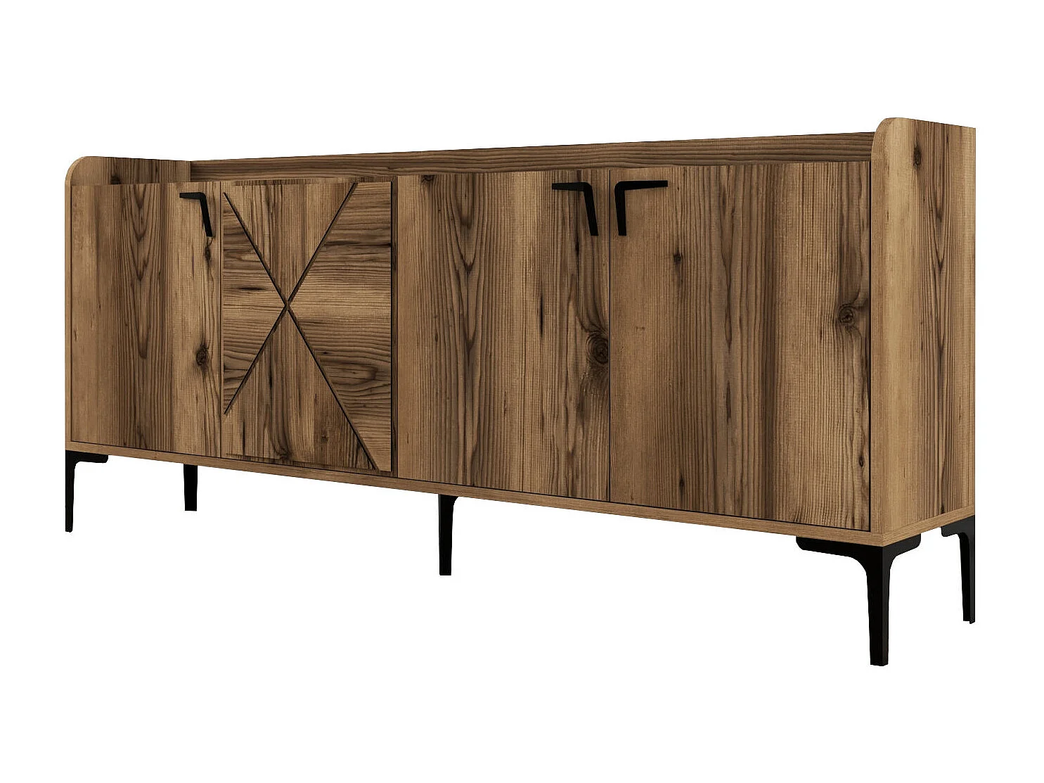 Buffet bas 4 portes Zenger 180cm Bois Naturel et Métal Noir