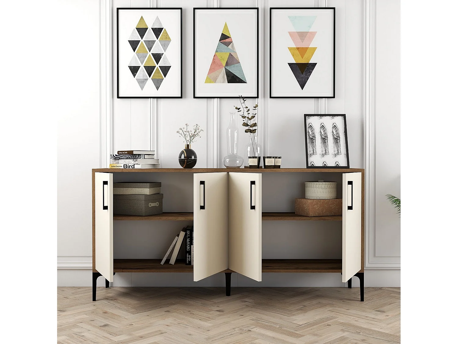 Aparador Kiev 160 crema color nogal 160x35x78 cm