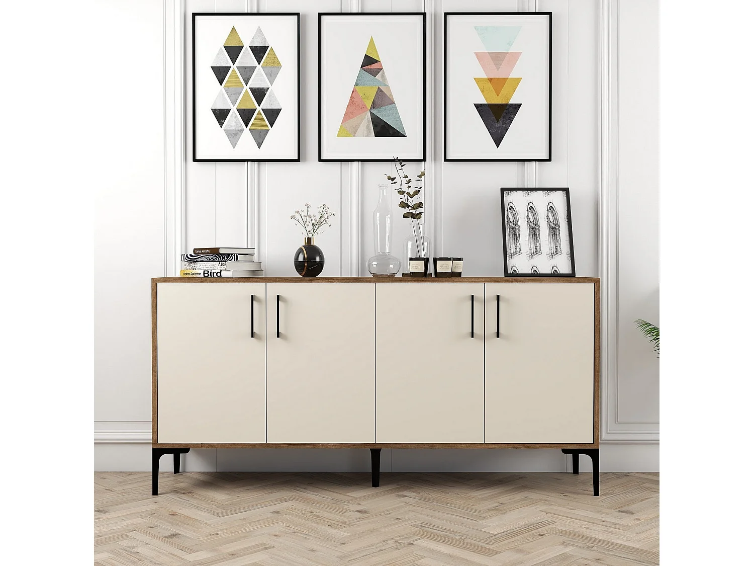 Buffet bas 4 portes Vranus 160cm Bois Naturel et Blanc crème et Métal Noir