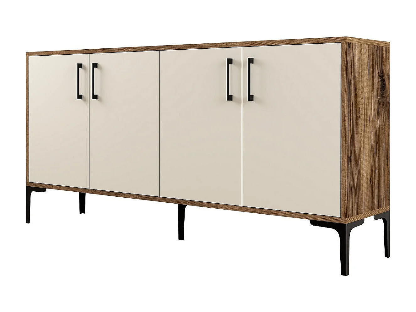 Buffet bas 4 portes Vranus 160cm Bois Naturel et Blanc crème et Métal Noir