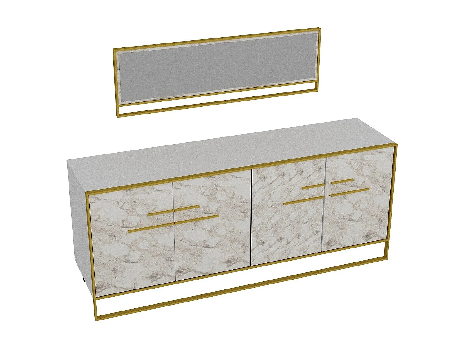 Buffet 4 portes 179,9x75cm et 1 miroir Anita Métal Or et Bois Blanc effet marbre