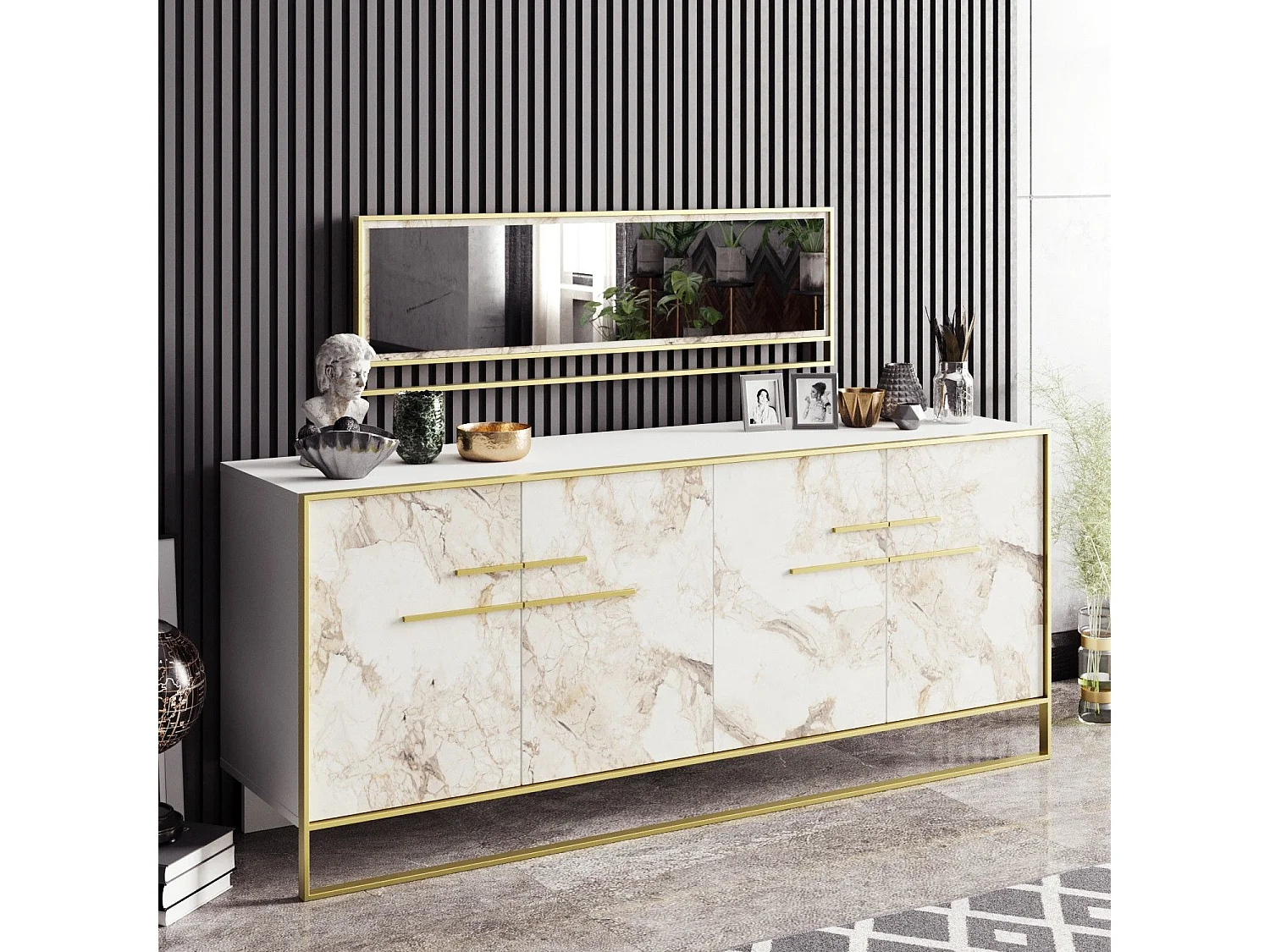 Buffet 4 portes 179,9x75cm et 1 miroir Anita Métal Or et Bois Blanc effet marbre