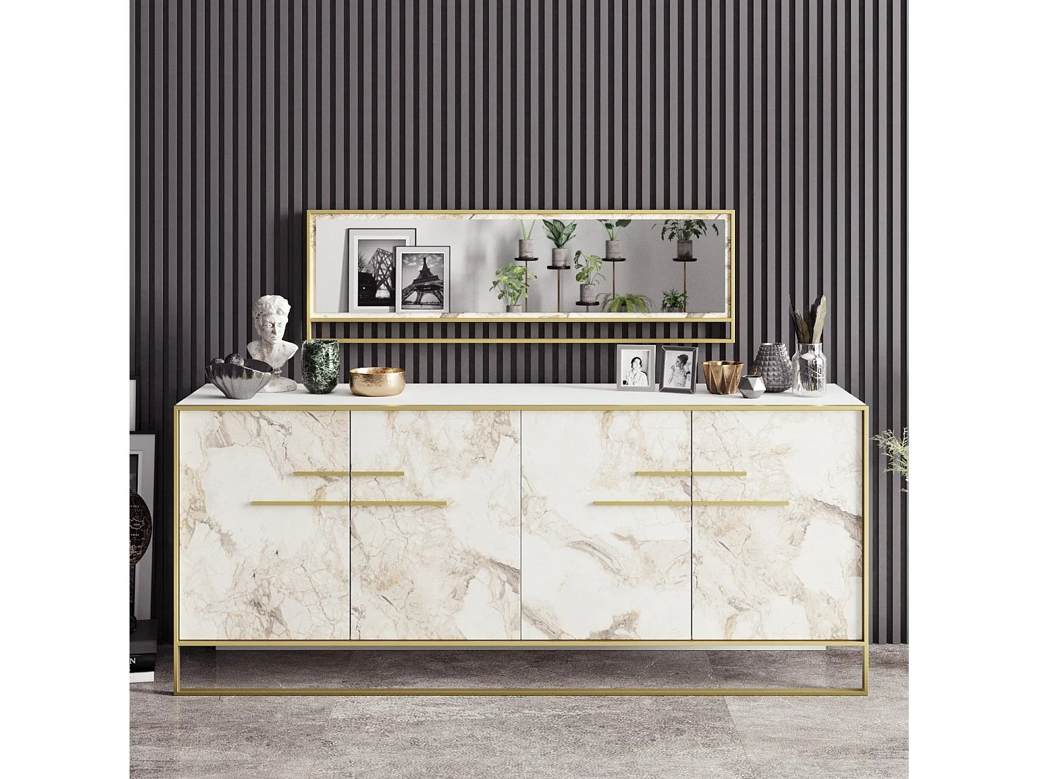 Buffet 4 portes 179,9x75cm et 1 miroir Anita Métal Or et Bois Blanc effet marbre