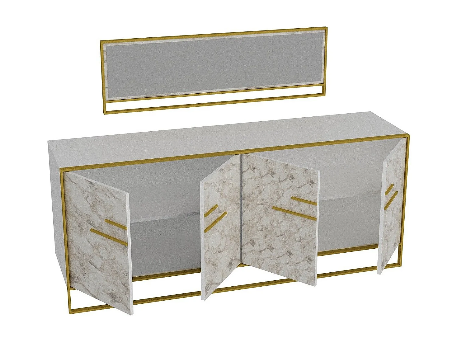Buffet 4 portes 179,9x75cm et 1 miroir Anita Métal Or et Bois Blanc effet marbre