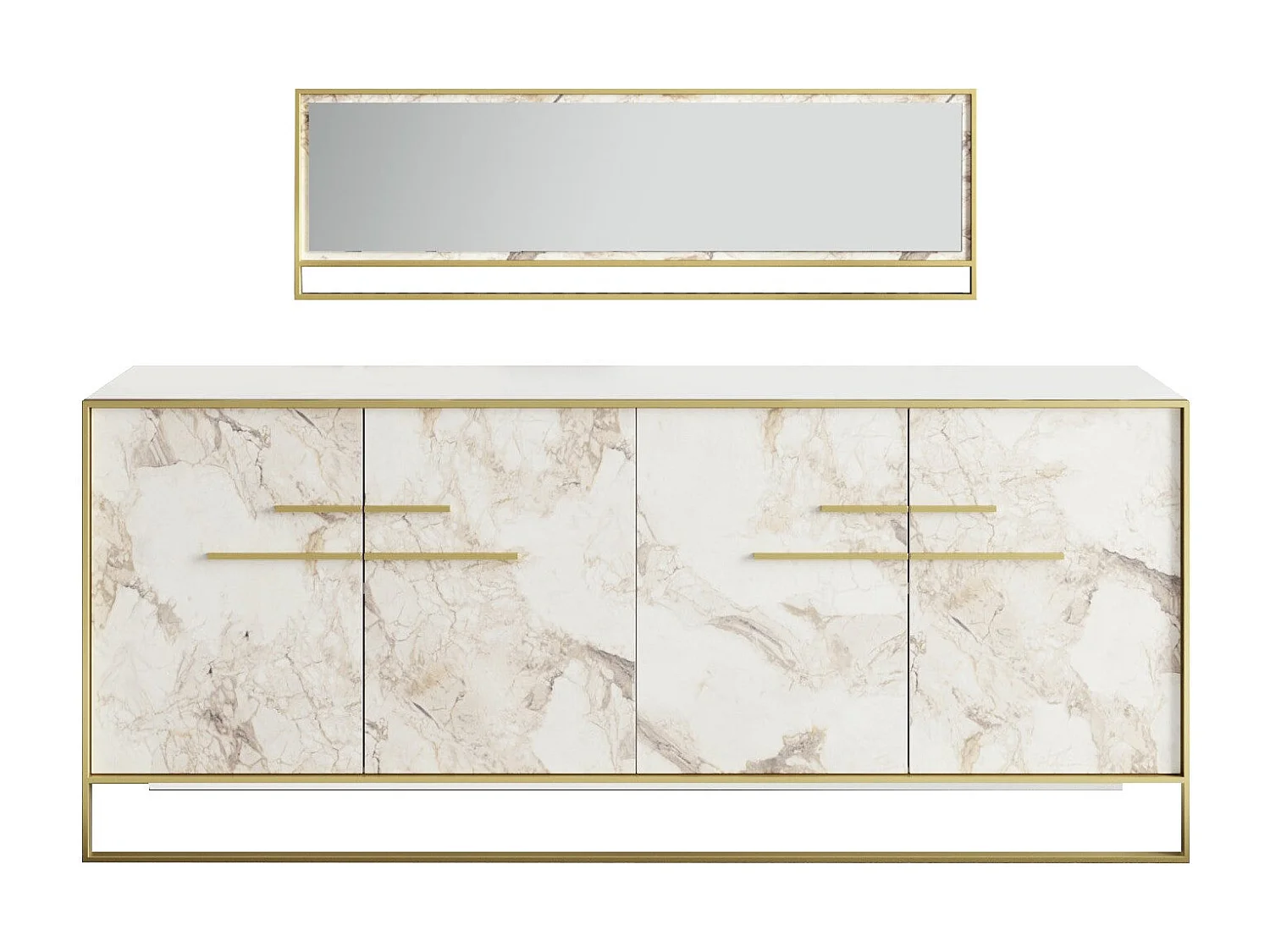 Buffet 4 portes 179,9x75cm et 1 miroir Anita Métal Or et Bois Blanc effet marbre
