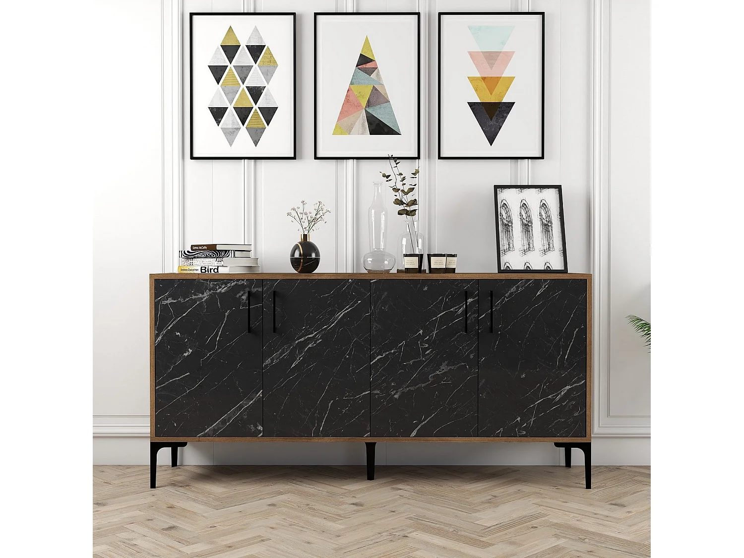 Consola Industrial Kiev 160 em Nogueira e Mármore Preto