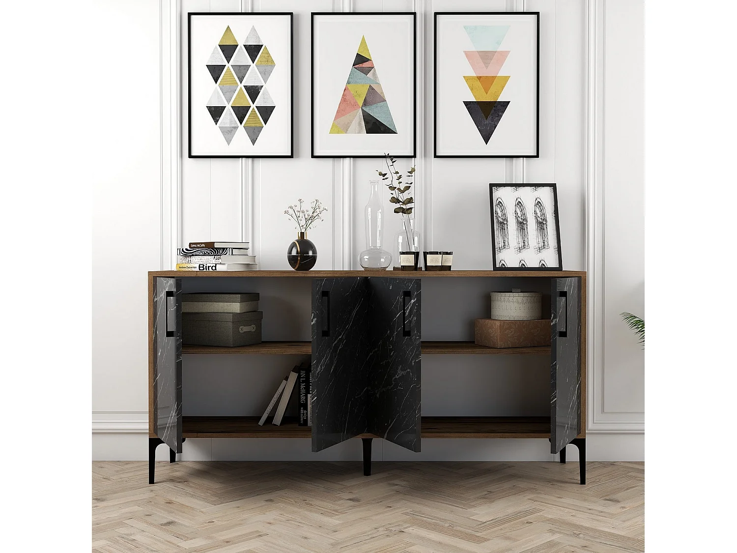 Consola Industrial Kiev 160 em Nogueira e Mármore Preto