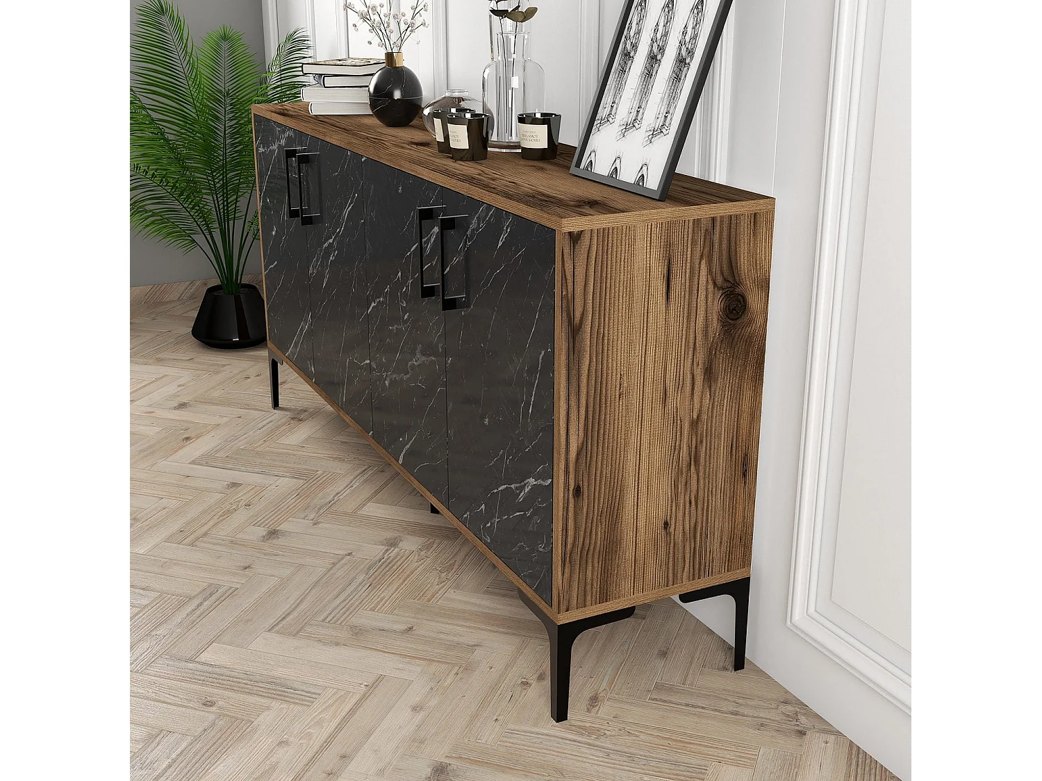 Consola Industrial Kiev 160 em Nogueira e Mármore Preto