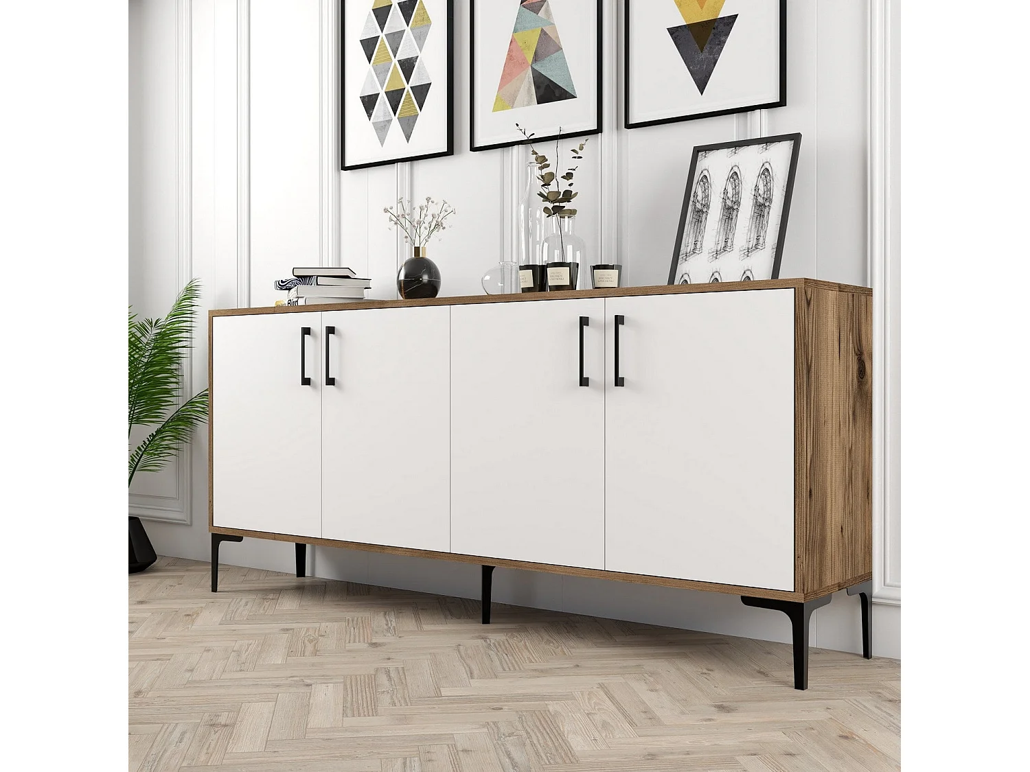Buffet bas 4 portes Vranus 180cm Bois Naturel et Blanc et Métal Noir