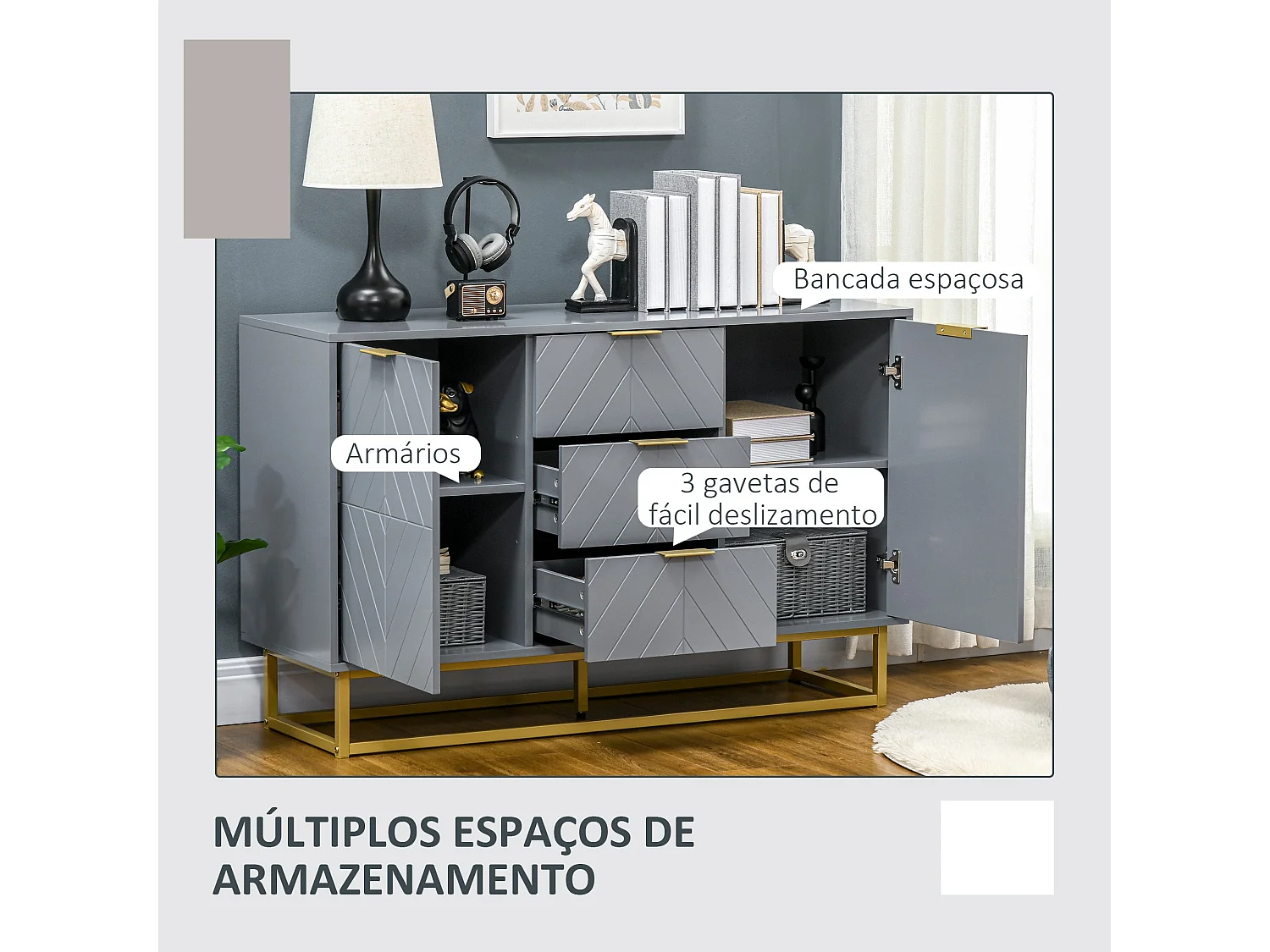 Aparador Luxor Homcom 3 cajones + 2 armarios gris 76x120x40 cm