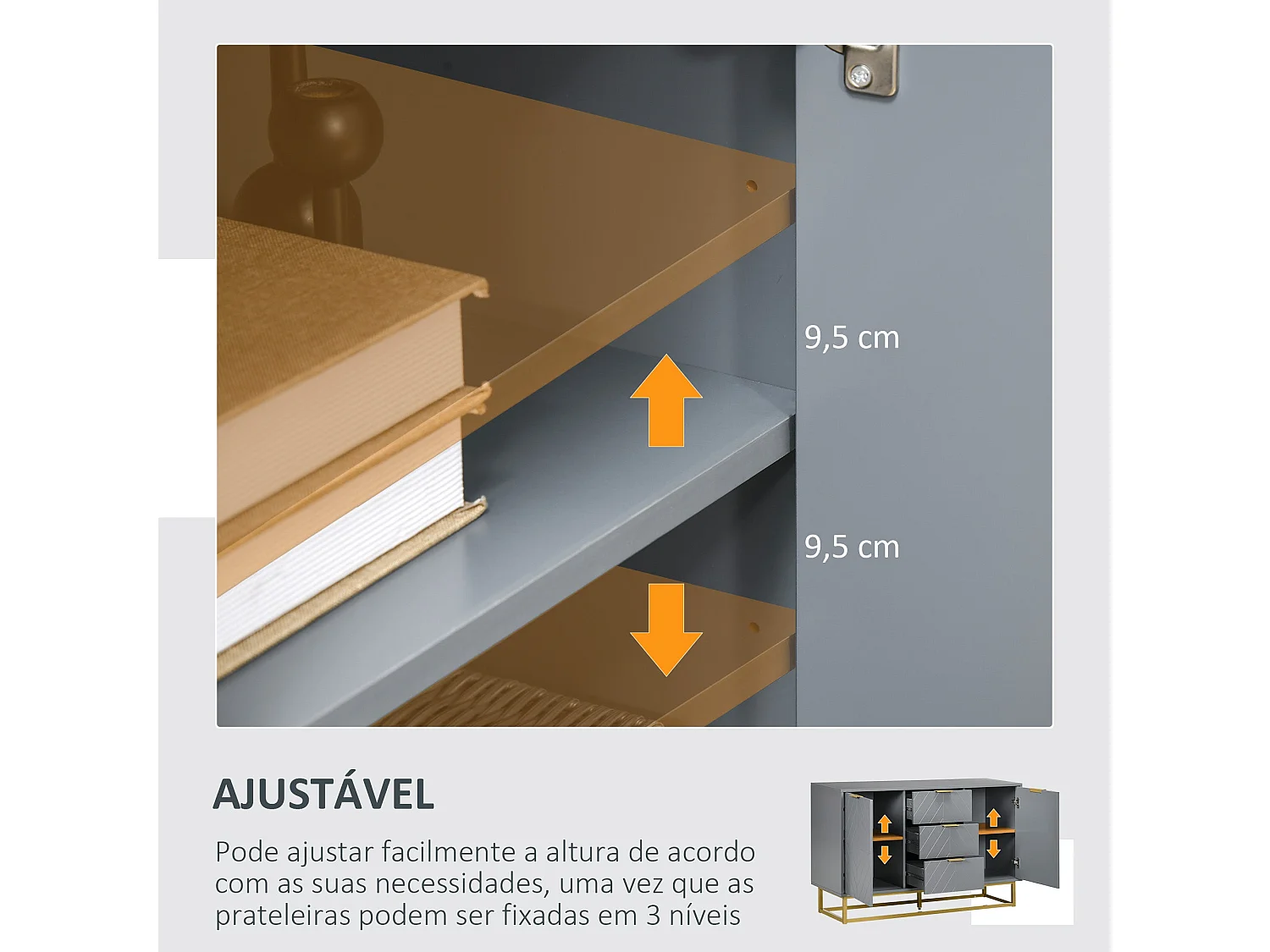 Aparador Luxor Homcom 3 cajones + 2 armarios gris 76x120x40 cm