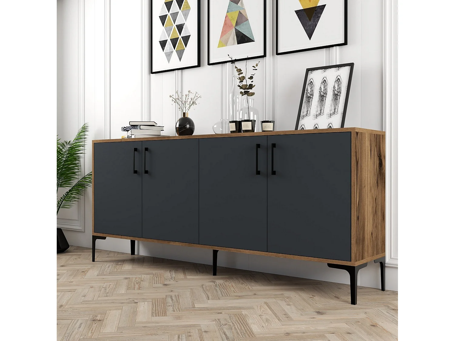 Buffet bas 4 portes Vranus 180cm Bois Naturel et Anthracite et Métal Noir