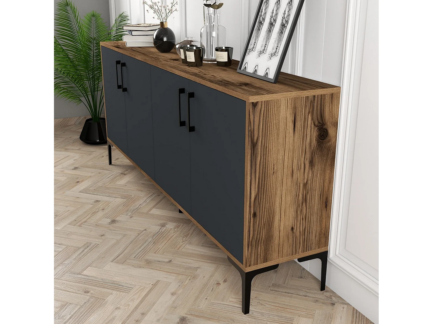 Buffet bas 4 portes Vranus 180cm Bois Naturel et Anthracite et Métal Noir