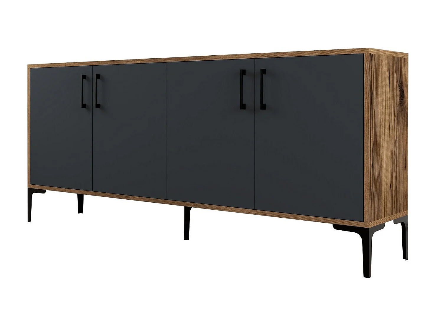 Buffet bas 4 portes Vranus 180cm Bois Naturel et Anthracite et Métal Noir