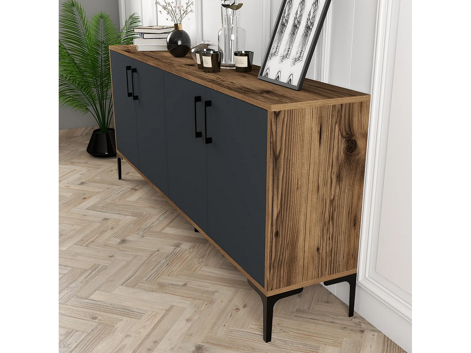 Buffet bas 4 portes Vranus 180cm Bois Naturel et Anthracite et Métal Noir
