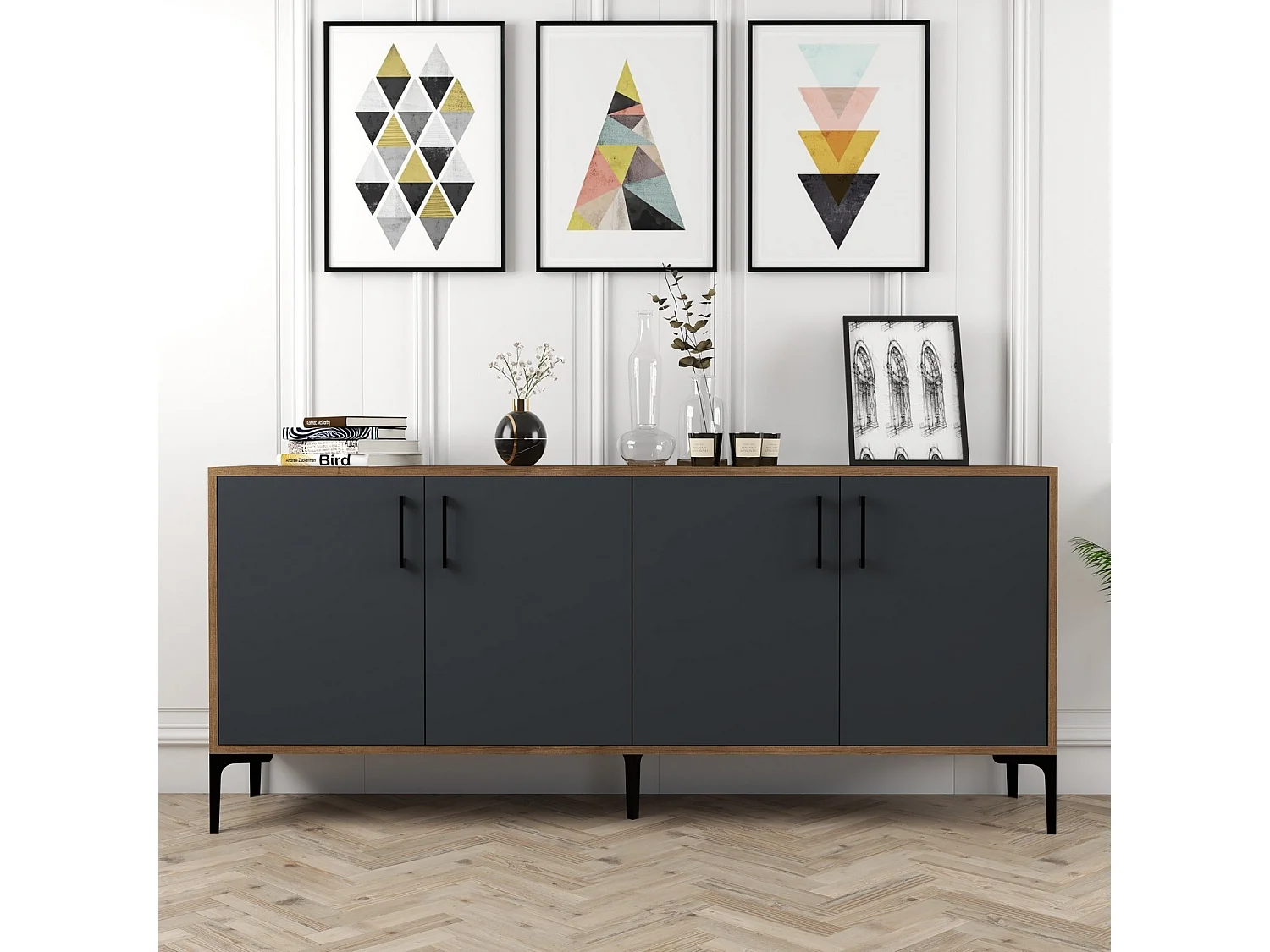Buffet bas 4 portes Vranus 180cm Bois Naturel et Anthracite et Métal Noir