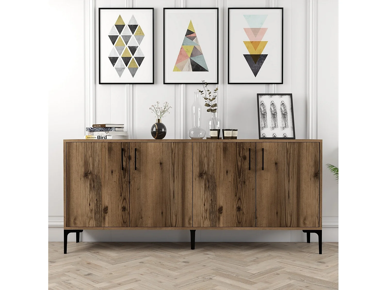 Buffet bas 4 portes Vranus 180cm Bois Naturel et Métal Noir