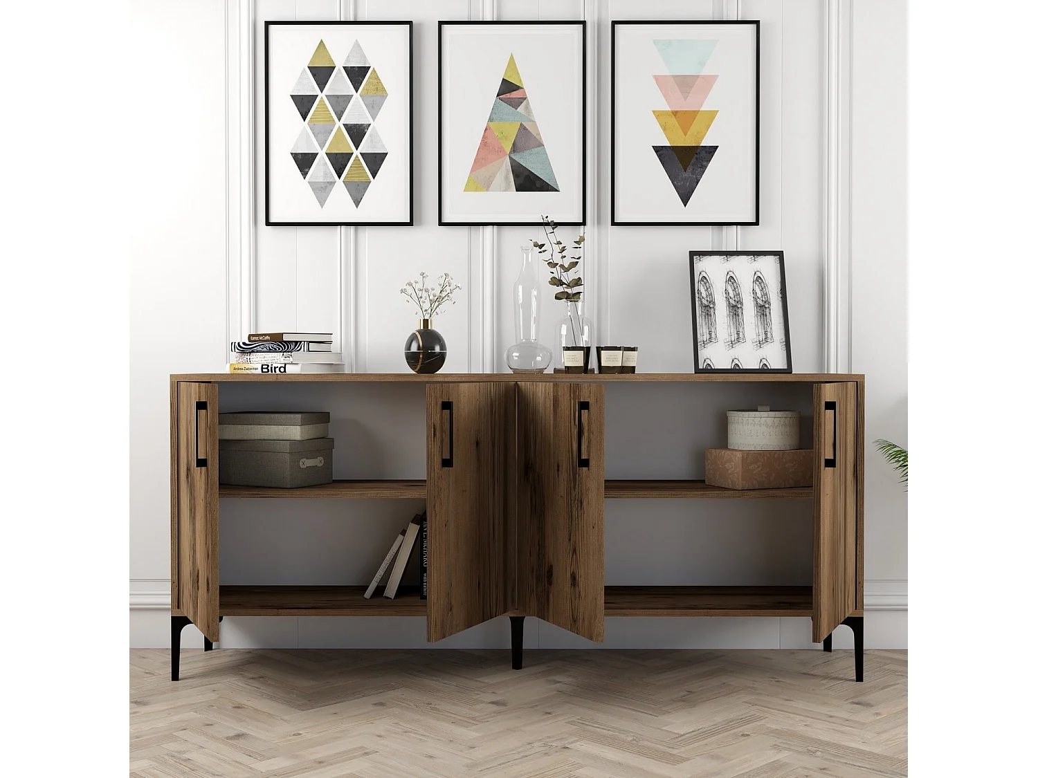 Buffet bas 4 portes Vranus 180cm Bois Naturel et Métal Noir