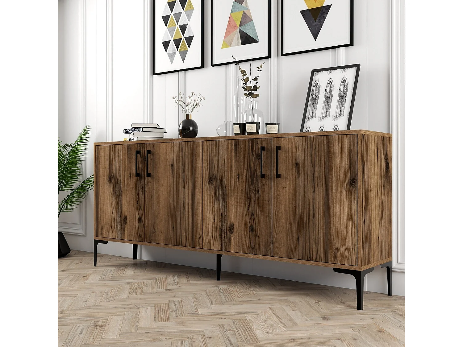 Buffet bas 4 portes Vranus 180cm Bois Naturel et Métal Noir