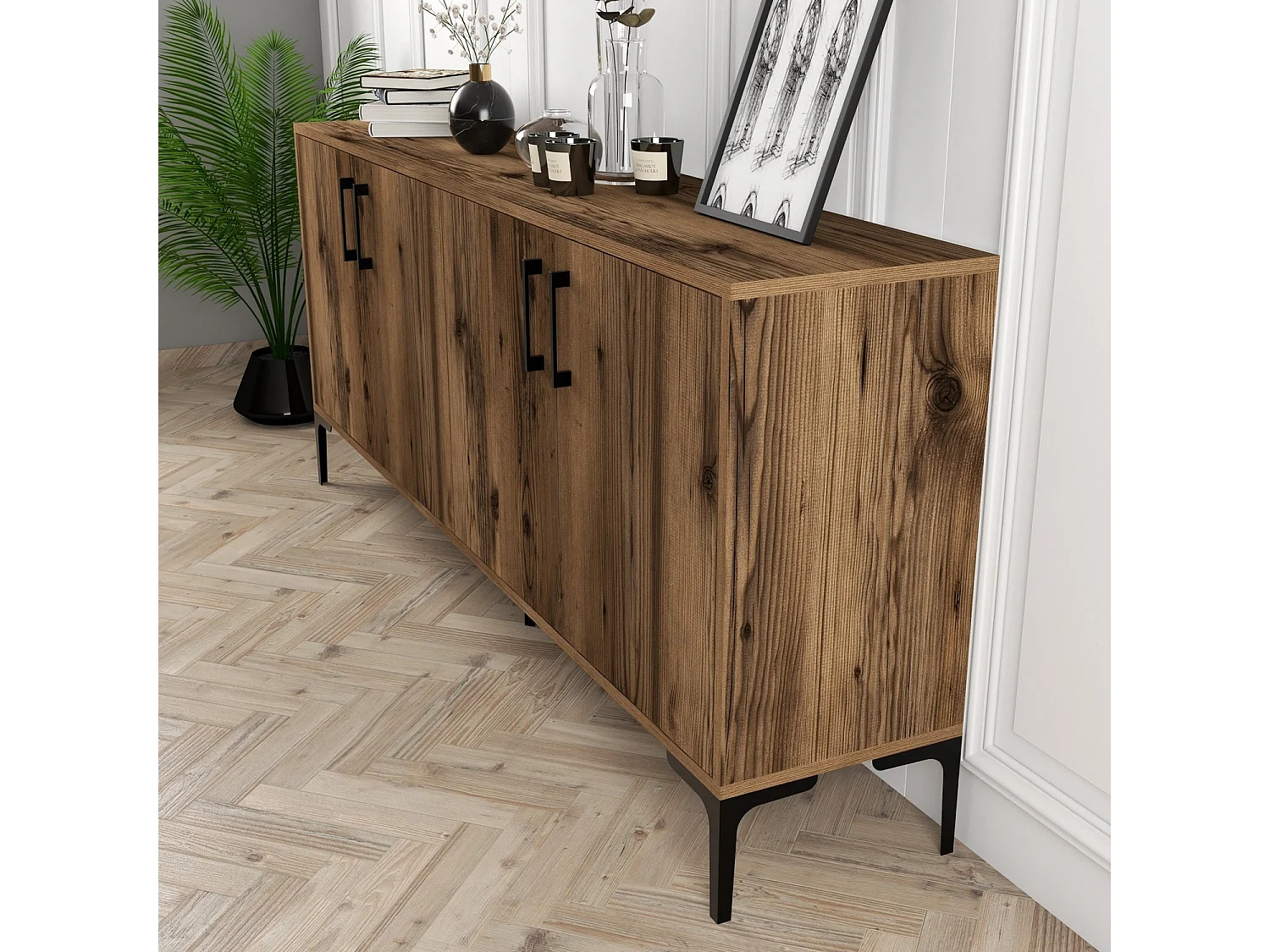 Buffet bas 4 portes Vranus 180cm Bois Naturel et Métal Noir