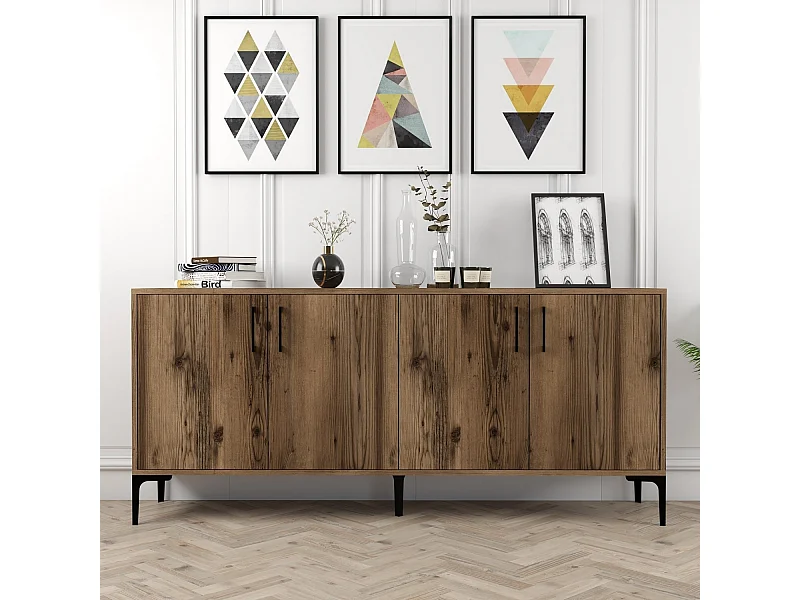Buffet bas 4 portes Vranus 180cm Bois Naturel et Métal Noir