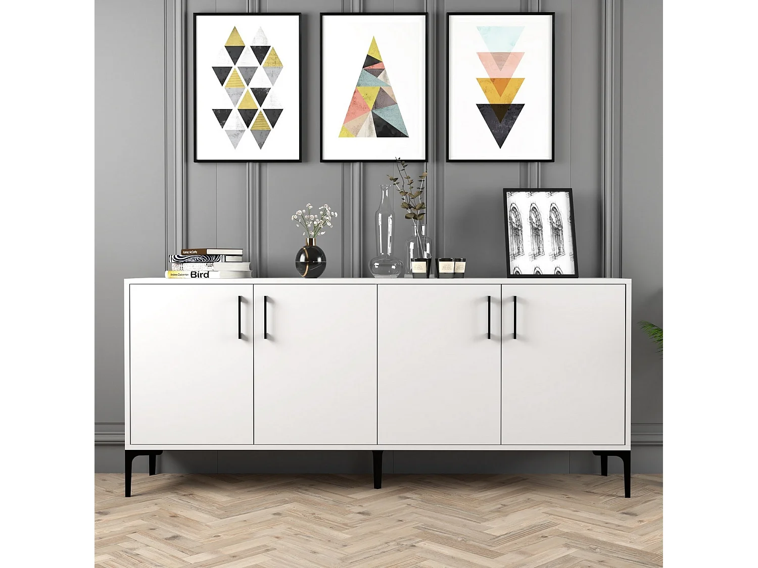 Buffet bas 4 portes Vranus 180cm Bois Blanc et Métal Noir