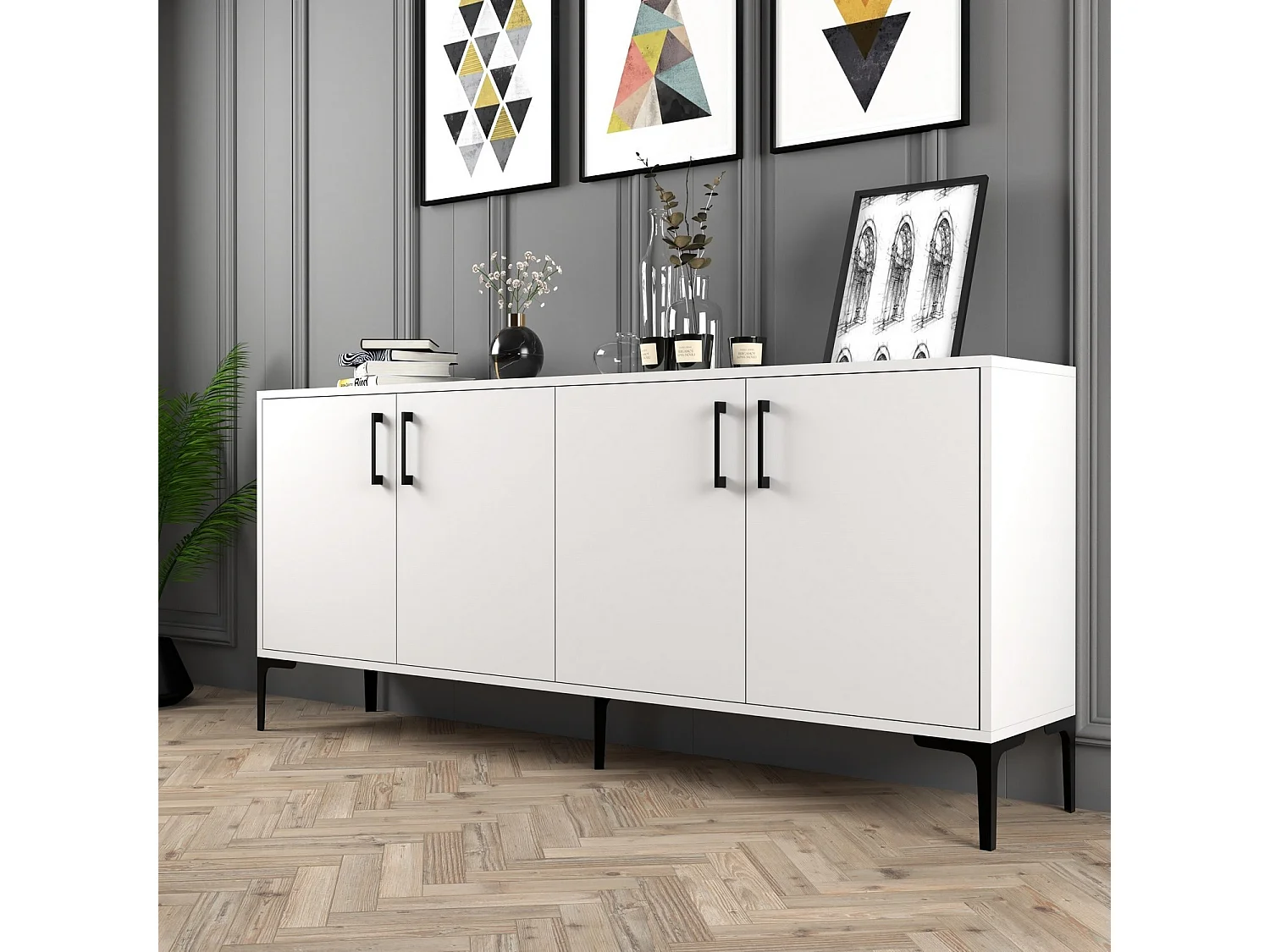 Buffet bas 4 portes Vranus 180cm Bois Blanc et Métal Noir