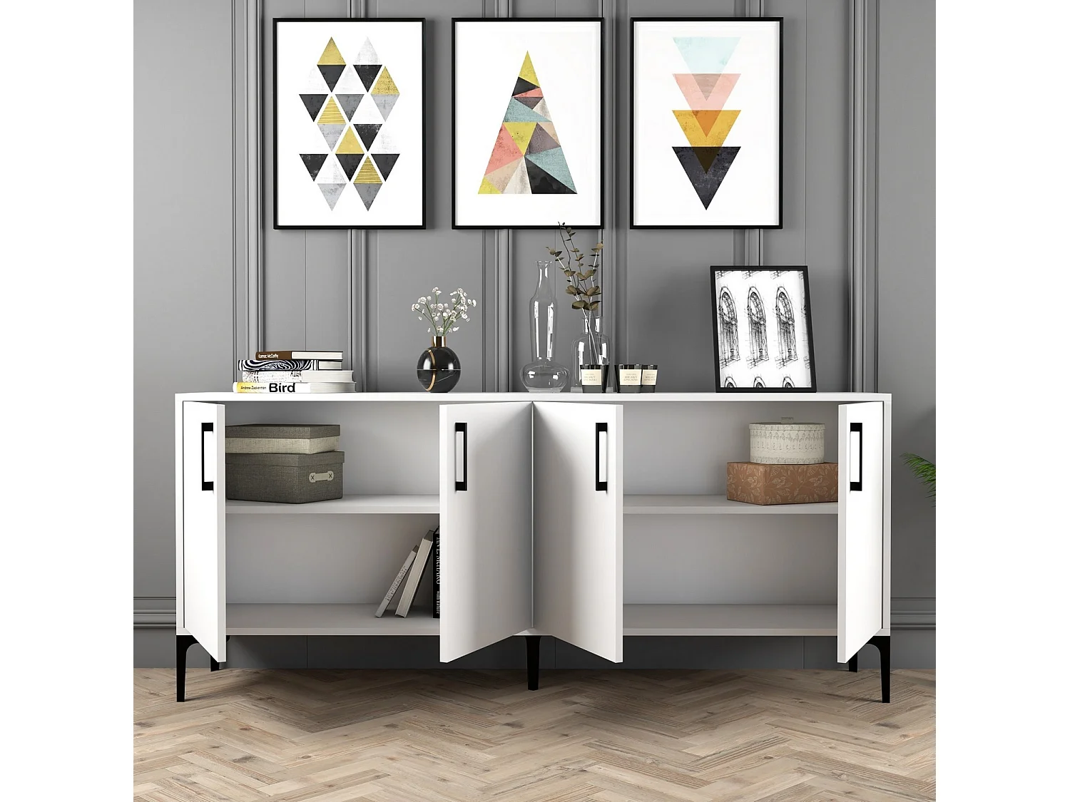 Buffet bas 4 portes Vranus 180cm Bois Blanc et Métal Noir