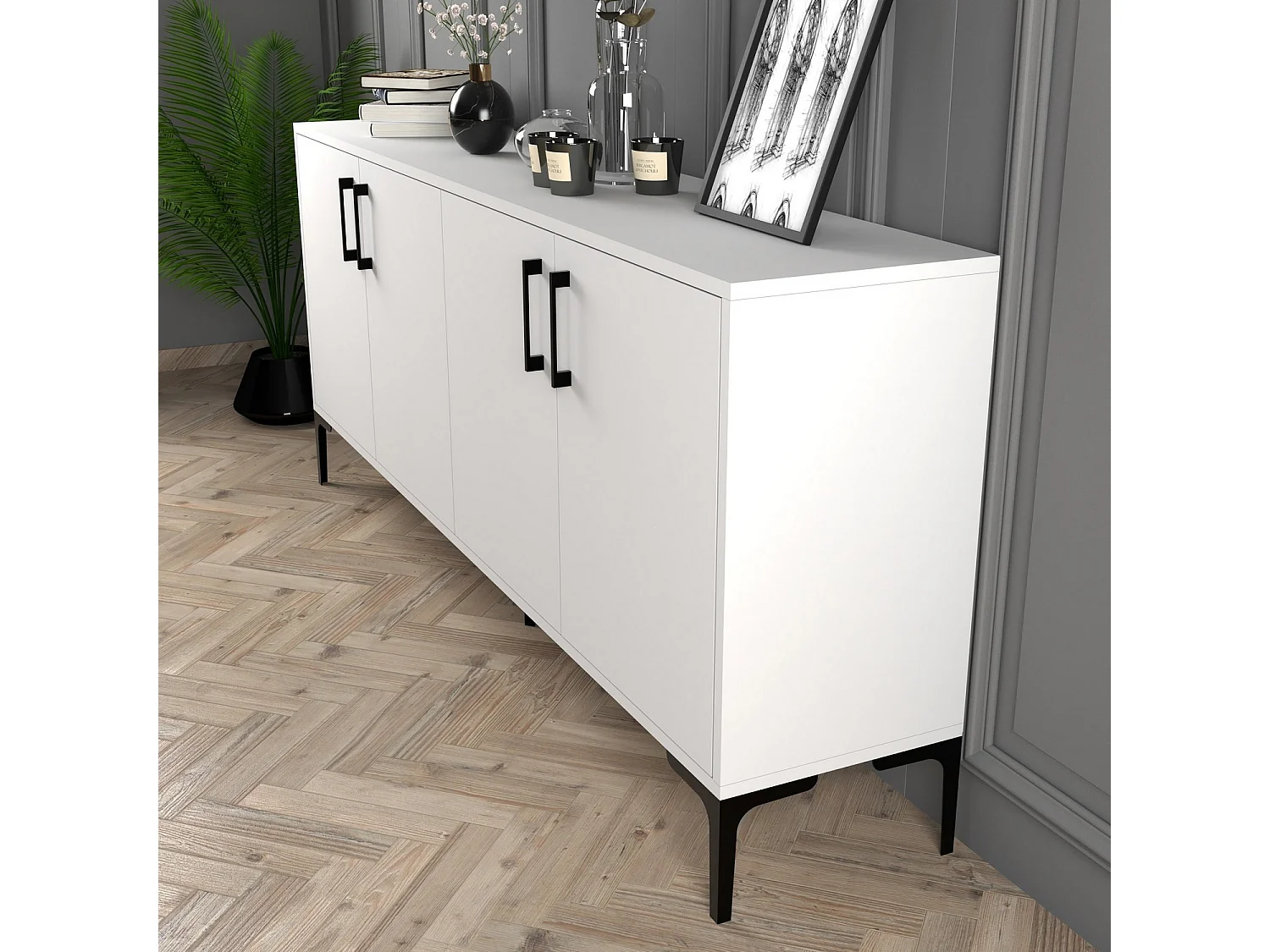 Buffet bas 4 portes Vranus 180cm Bois Blanc et Métal Noir