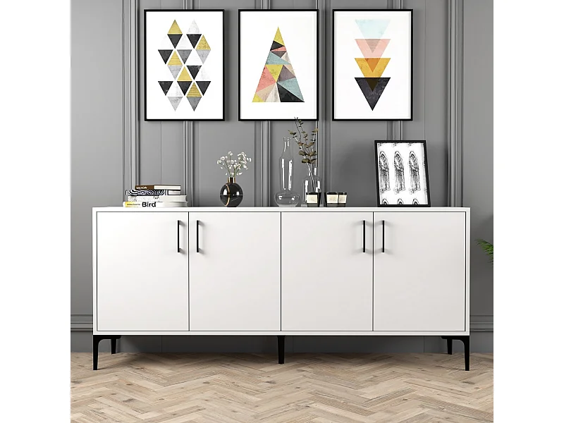 Buffet bas 4 portes Vranus 180cm Bois Blanc et Métal Noir