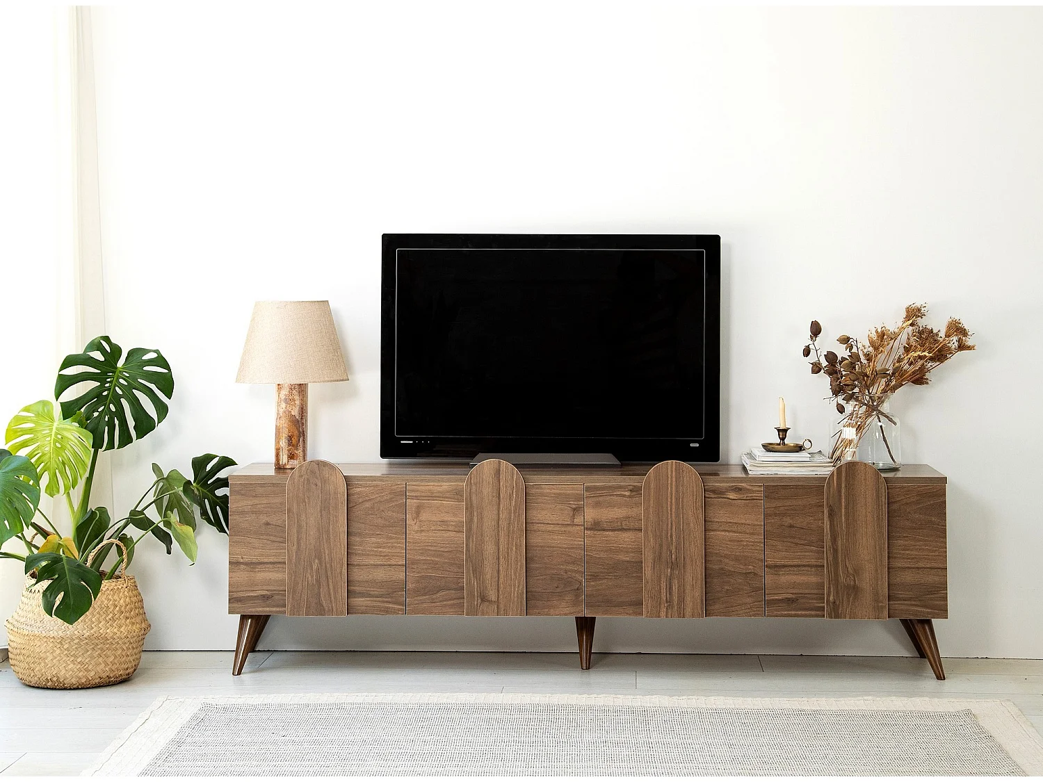 Elegante mueble de TV de nogal, 180 cm x 50 cm x 35 cm | Tablero aglomerado 100% melaminizado, 18 mm de grosor, cantos de PVC | Diseño moderno para el salón
