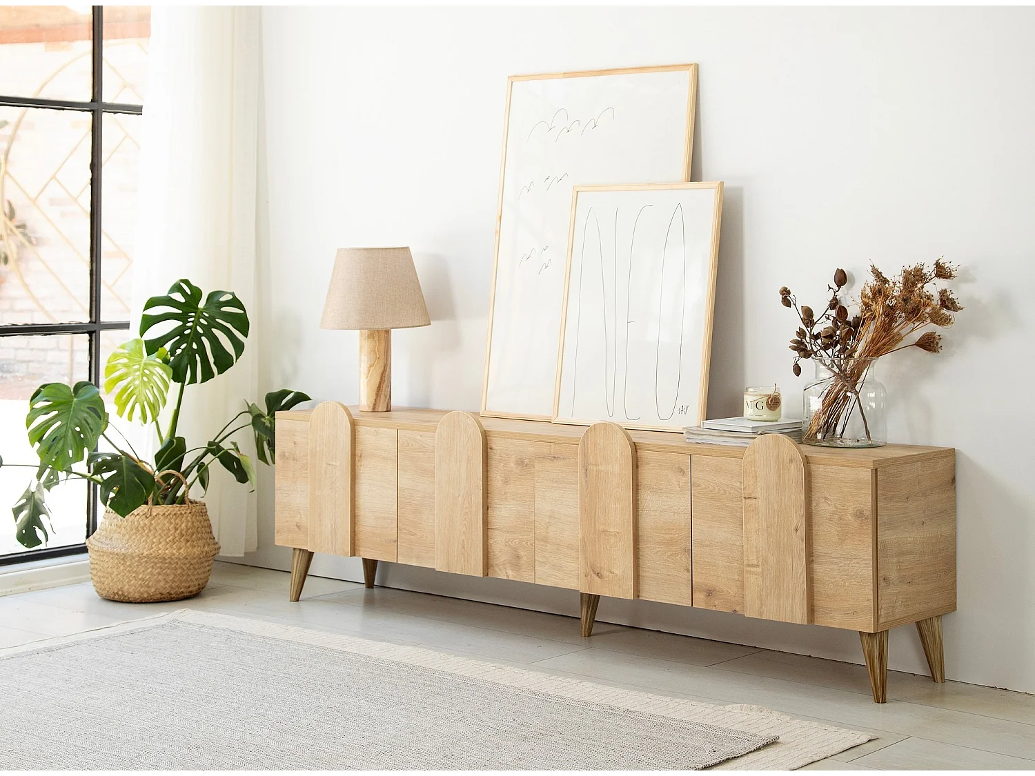 Elegante mueble de TV de nogal, 180 cm x 50 cm x 35 cm | Tablero aglomerado 100% melaminizado, 18 mm de grosor, cantos de PVC | Diseño moderno para el salón